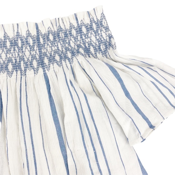 1. State Smocked Off Shoulder Blue White Striped Top Large - Picture 6 of 8